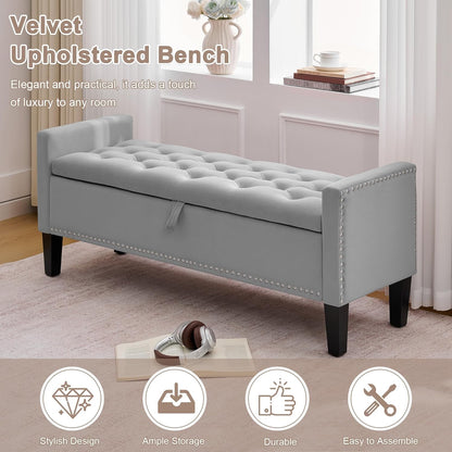 Storage Ottoman Bench, Velvet Upholstered Footstool for Bedroom and Living Room, Tufted Seat with Storage, Wooden Legs & Metal Rivets, Grey