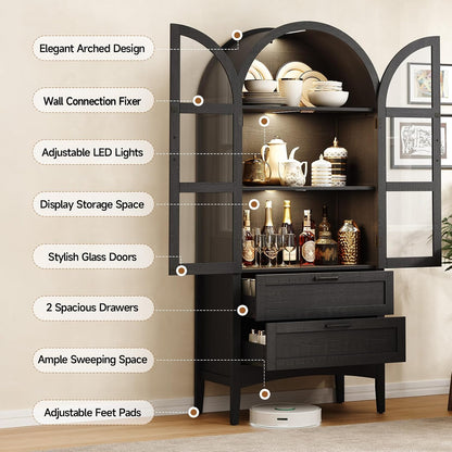 ONBRILL 71" Tall Arched Display Cabinet with LED Lights, Arched Kitchen Pantry with 2 Drawers, Modern Display Storage Cabinets with Adjustable Feet, Pantry Cabinet for Kitchen, Living/Dining Room