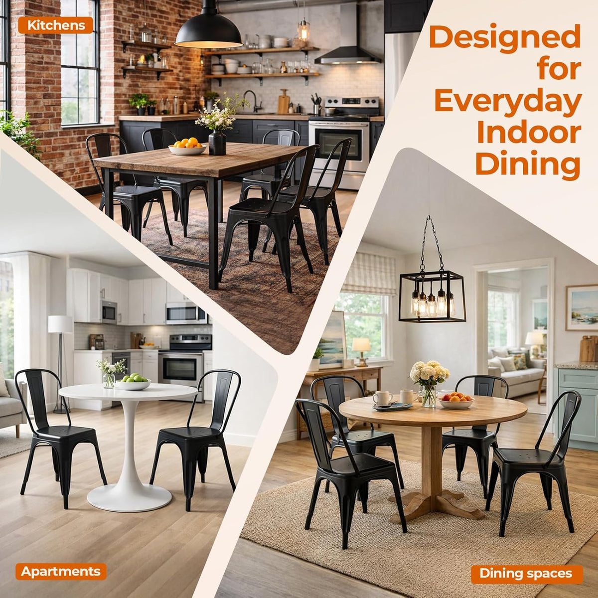 Set of 8 Midnight Black Metal Dining Chairs, Classic Tolix Style Stackable Kitchen Chairs, Durable Steel Seating for Indoor Cafe & Bistro