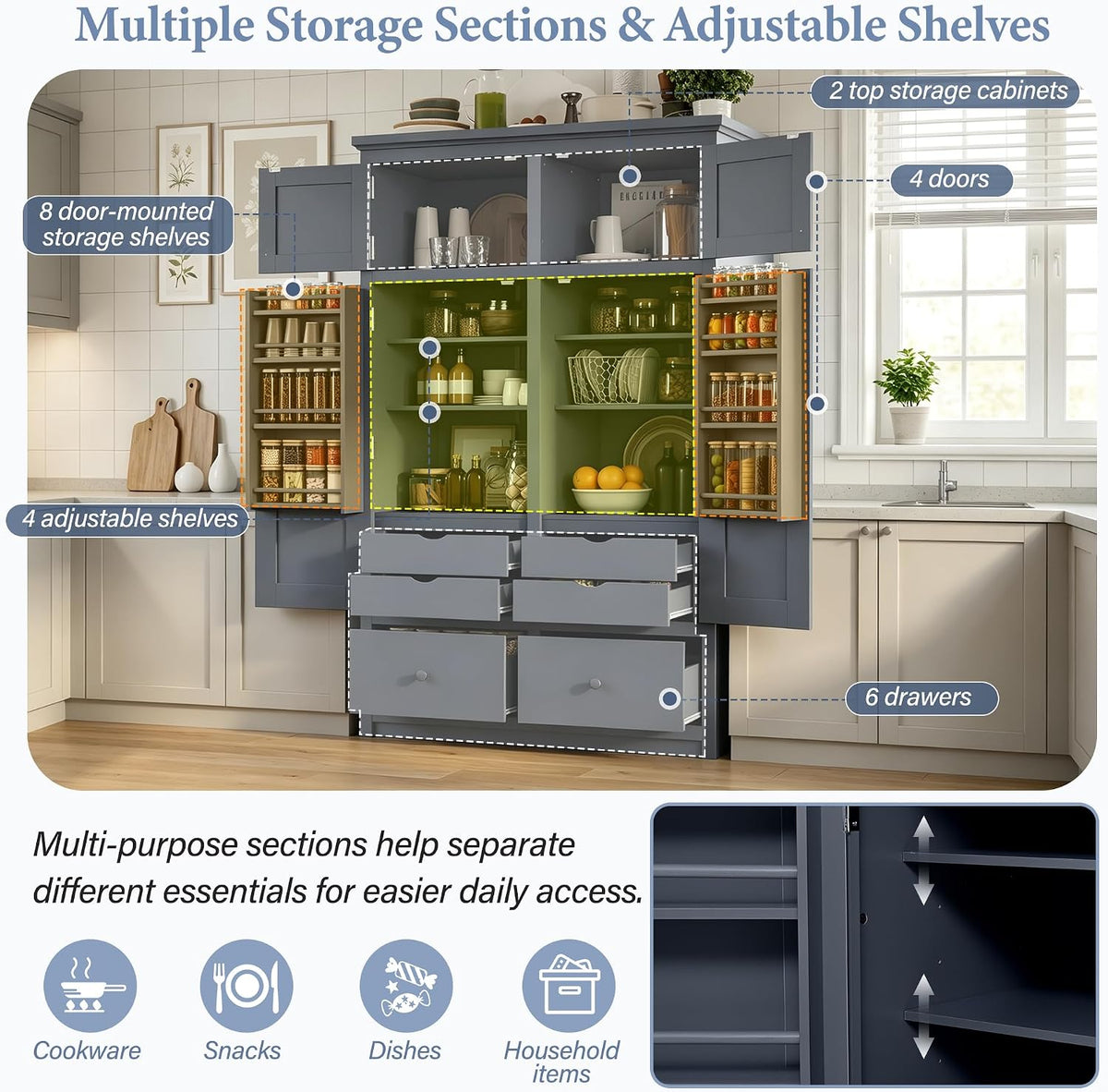 Freestanding Kitchen Pantry with Drawers, Shelves & Pull-out Trays,Gray | Freestanding tall unit with 8 door shelves, 4 pull-out trays, 6 drawers, gray finish, for dining room use