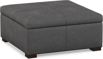 SIMPLIHOME Gabbie 36" Wide Linen Look Fabric Storage Ottoman in Slate Grey | Contemporary ottoman with lift-top storage; rectangle storage bench for living room, bedroom, and entryway.