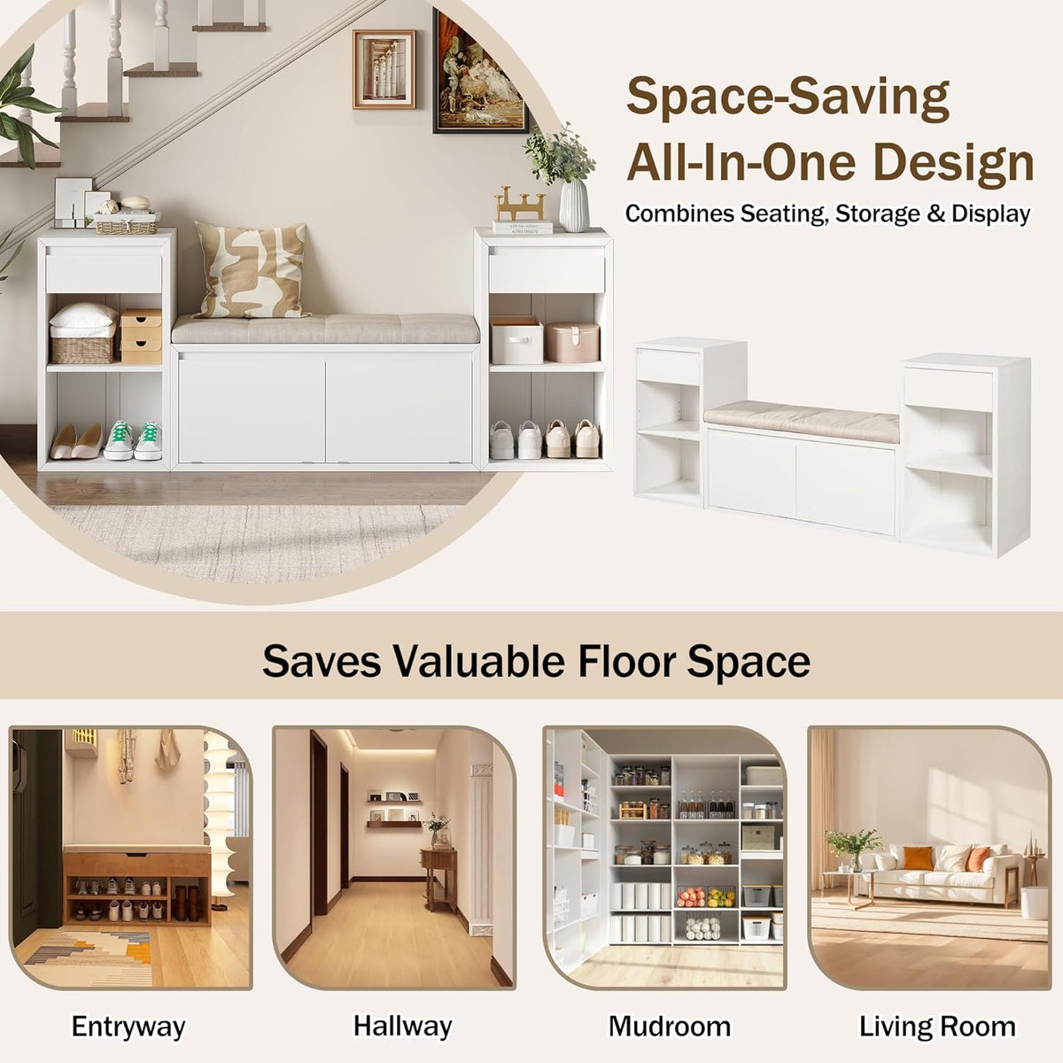 Entryway Bench with Shoe Storage, Solid Wood Shoe Bench with Cushion and Drawers, Open Shelves, Storage Bench for Entry Way, Living Room, Hallway, White