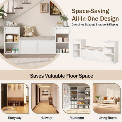 Entryway Bench with Shoe Storage, Solid Wood Shoe Bench with Cushion and Drawers, Open Shelves, Storage Bench for Entry Way, Living Room, Hallway, White