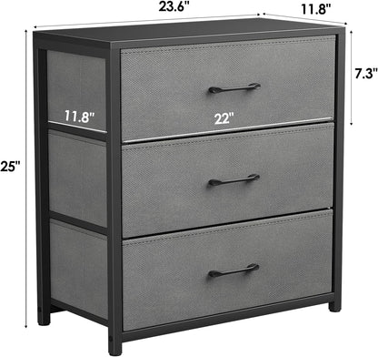 Memobarco Nightstand with 3 Fabric Drawers, Storage Dresser, Gray | Storage Drawers, side Table, End Table, Fabric Drawers, Wood Top, Metal Frame, Bedroom, Closet, Living Room