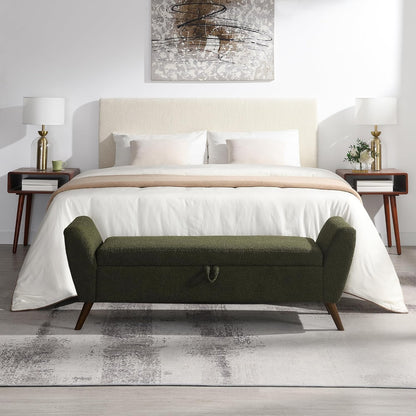 60'' Modern Upholstered Storage Ottoman Bench with Mid-Century Wood Legs, Entryway Bench with Hidden Storage for Living Room, Bedroom, and End of Bed, Comfort Padded Seat (B-Green)