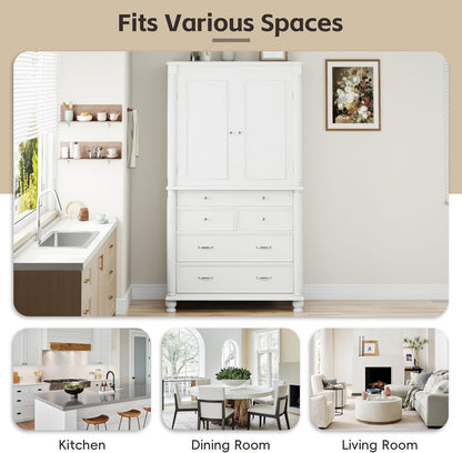 Freestanding 77.3" Tall Storage Cabinet, Wooden Pantry，White | Retro Large Kitchen Pantry, 2 Adjustable Shelves, 5 Drawers, 6 Door Shelves