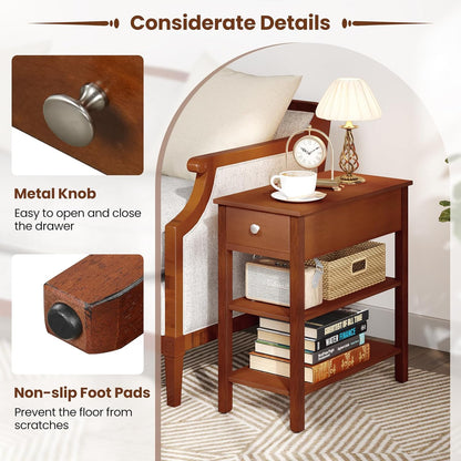 Giantex Narrow End Table, Farmhouse Side Tables with Drawer & Storage Shelves, Wood Sofa Side Tables, 3-Tier Nightstands for Small Space, Living Room, Bedroom, 23.5" L x 12" W x 24.5" H, Brown