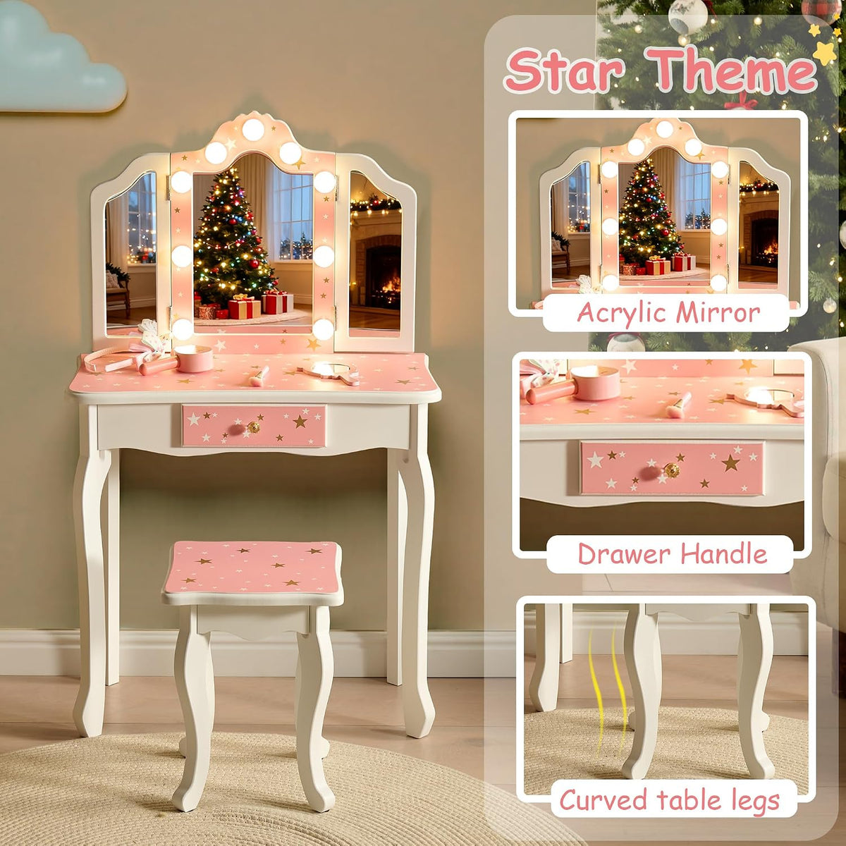 Kids Vanity with Lights, Princess Girls Vanity Set with 3-Color LED Lighted, 2 in 1 Wooden Toddler Vanity Table & Chair Set Mirror and Stool for Little Girls