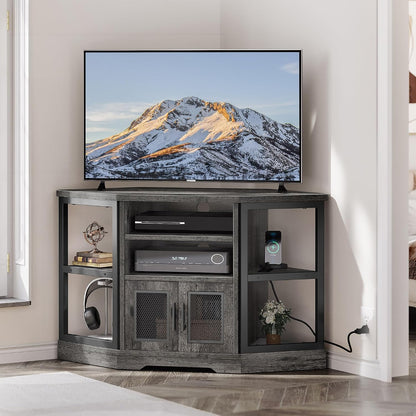 YITAHOME Farmhouse TV Stand with Power Outlet, Corner TV Stand for 50 Inch TV, Entertainment Center with Storage, TV Console Cabinet for Living Room, Grey Oak