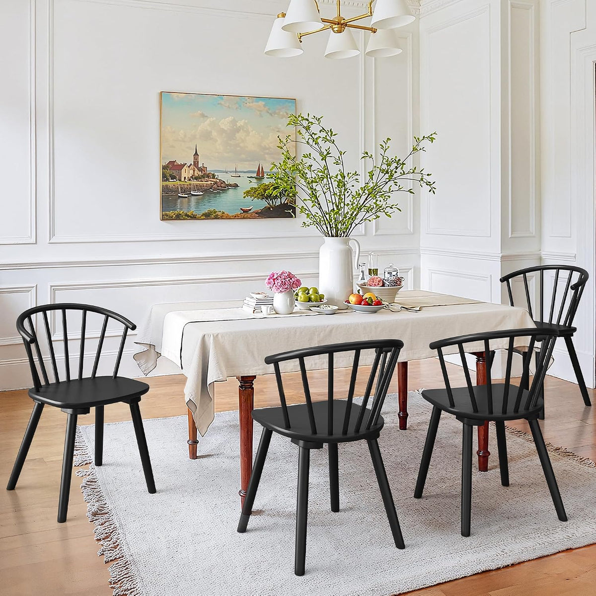 LUE BONA Black Dining Chairs Set of 4, Farmhouse Wood Dining Chairs with Semicircular Backrest, Spindle Dining Chair for Kitchen and Dining Room, 18 Inch