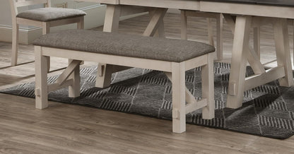 Dining Bench 48 Inch Upholstered Seat Cottage Style Chalk Gray Finish Cream Fabric Cushion Solid Wood Standard Height Bench for Dining Room Bedroom 76mm Cushion