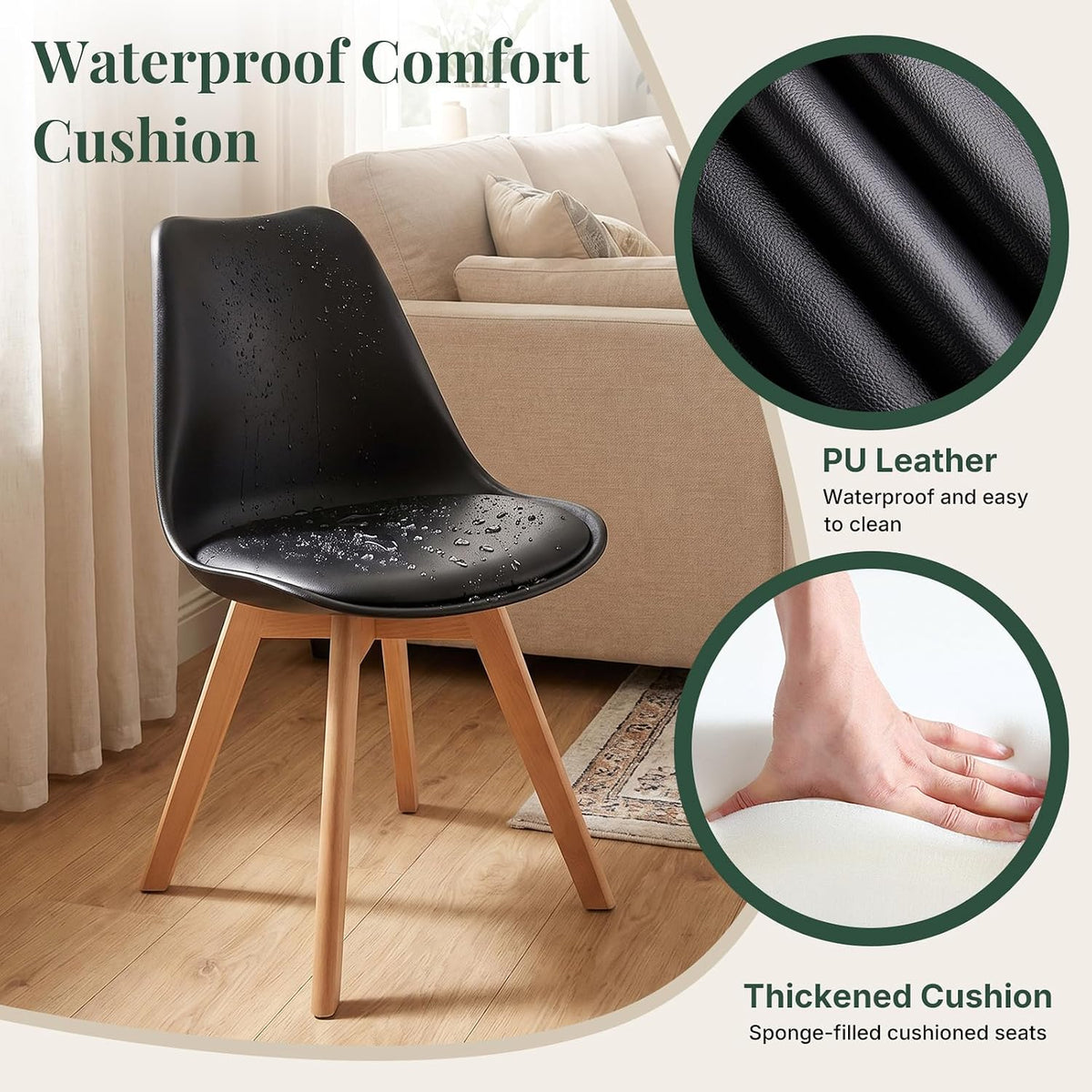 Dining Chairs Set of 8, PU Leather Padded Seat for Living Room | Modern, Upholstered Kitchen Chairs, Thick Cushions, Curved Back, Solid Wood Legs, Apartment, Restaurant, Black