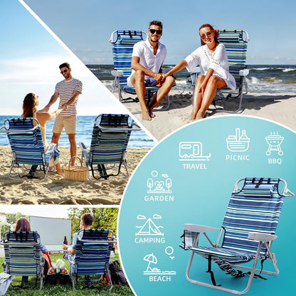 Yestomo Beach Chairs for Adults Heavy Duty, Compact Portable Lay Flat Folding Chair with Backpack Straps and Large Cooler Pouch, Support to 350LBS (2 Pack Stripes_Blue&Cyan)