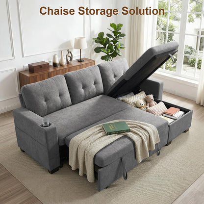 82" L Shaped Sleeper Sofa Bed, Pull Out Sectional Couch with Storage Chaise/Reclining Backrest, Sectional Couches for Living Room with USB Port, Foldable Table, Cup Holder, Side Pocket, Light Grey
