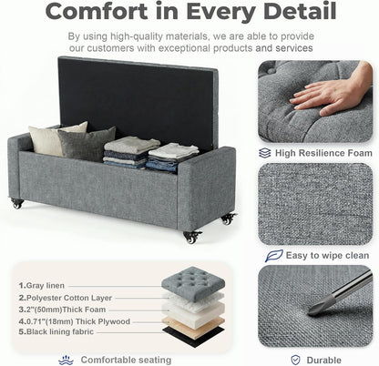 50” Ottoman Bench with Storage, Upholstered Fabric End of Bench for Bedroom, Load up to 660 lb, Fixed Base & Movable Swivel Wheels，Rectangular Tufted Entryway with Safety Hinge (Grey)