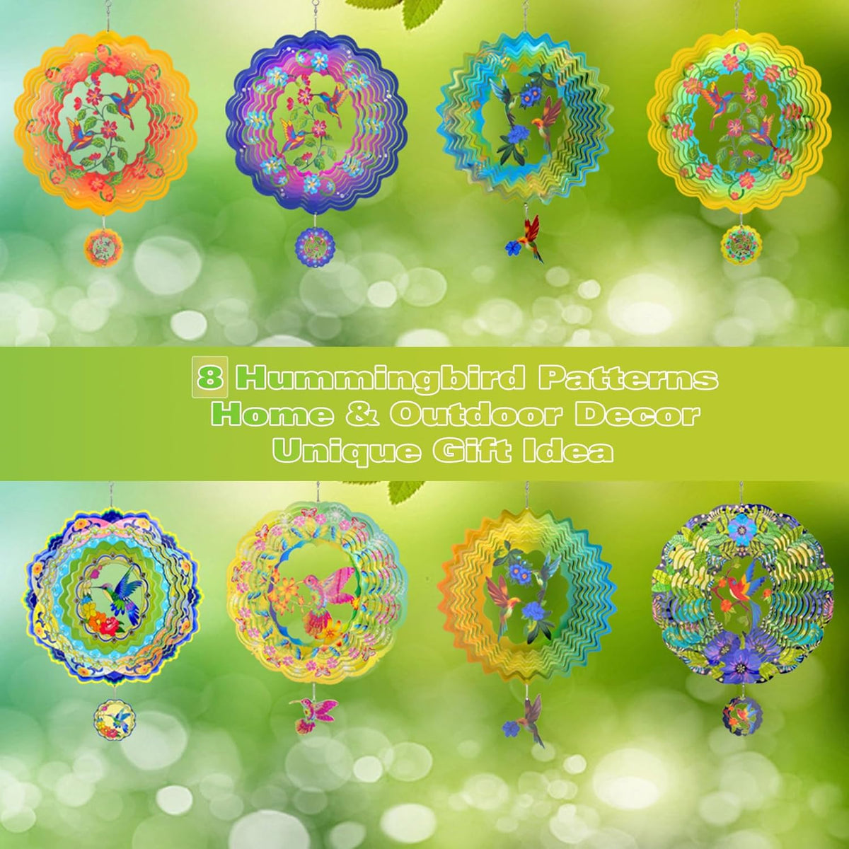 Wind Spinners - 12 Inches Hummingbird Wind Spinner, 3D Reflective Metal Wind Sculptures, Decor for Home, Outside, Garden, Yard Art, Hummingbird Gifts for Daughter, Mom, Grandma's Birthday, Yellow Cyan