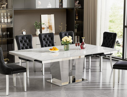 63"-94" Modern Extendable Dining Room Table for 6 8 10, Large White Faux Marble Expandable Kitchen Table with Mirrored Columnar Pedestal Base for Home Kitchen Dining Room Family Gathering
