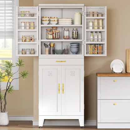 YITAHOME 71" Metal Kitchen Pantry Cabinet with 4 Door & 4 Adjustable Shelves, Storage Cabinet with 1 Drawer & 8 Door Racks, Tall Freestanding Food Steel Cupboard for Kitchen, Dining Room, White