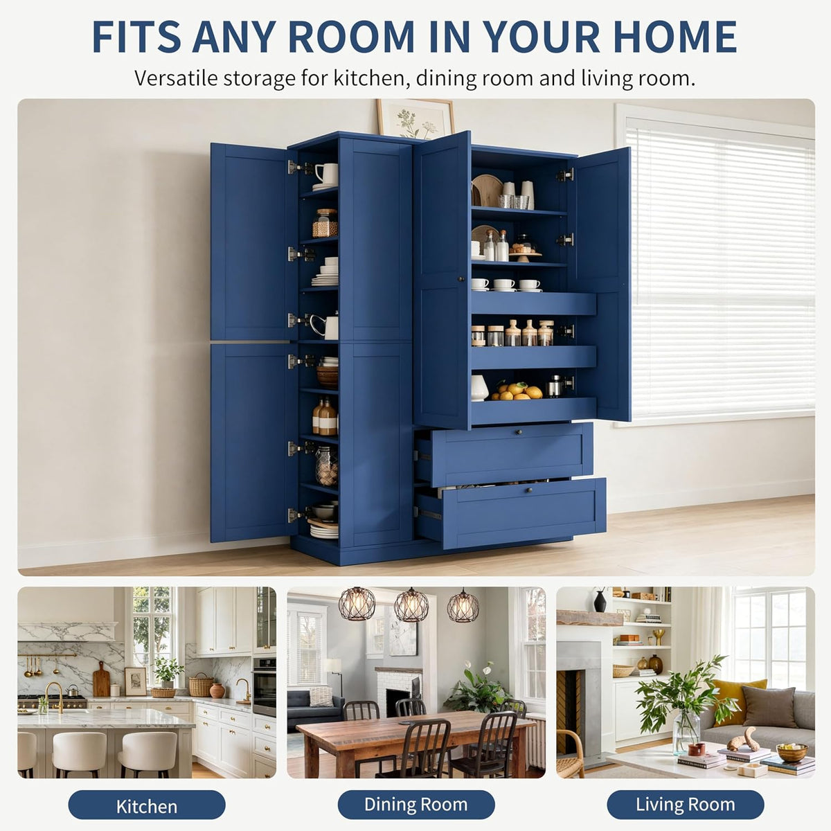 71" Tall Kitchen Pantry Storage Cabinet with 3 Pull Out Trays & 2 Large Drawers, Farmhouse Storage Cabinet Cupboard with 6 Doors and Side Cabinets, Pantry Cabinet for Kitchen, Dining Room, Blue