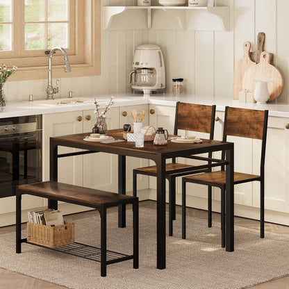 Shahoo Kitchen Table and 2 Chairs for 4 with Bench | 4 Piece Dining Sets for Small Space, Coffee Brown