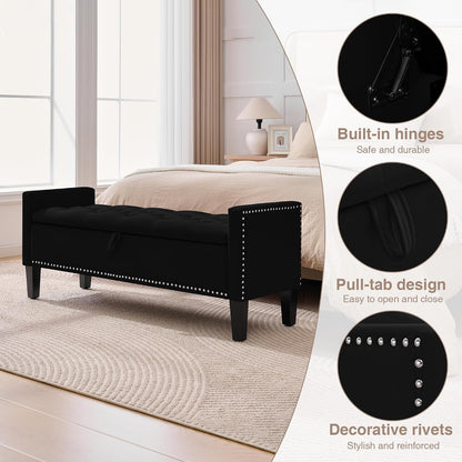 Storage Ottoman Bench, Velvet Upholstered Footstool for Bedroom and Living Room, Tufted Seat with Storage, Wooden Legs & Metal Rivets, Black