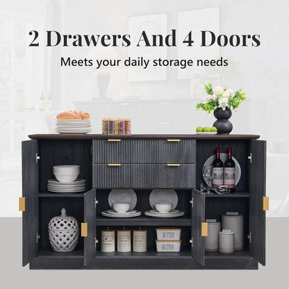 IFGET Fluted Buffet Cabinet with Storage, Sideboard Cabinet with Adjustable Shelves, Wood Rustic Coffee Bar with 2 Drawer and 4 Doors, Wine Bar for Kitchen, and Living Room, Dark Gery