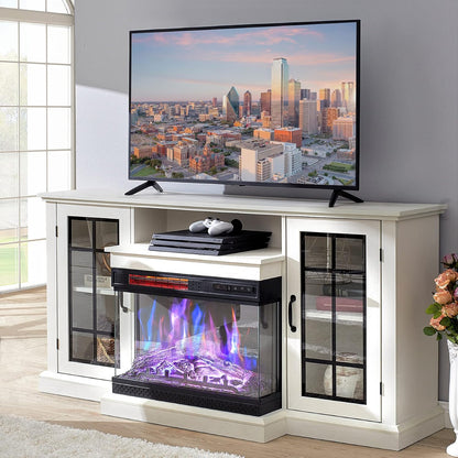 AMERLIFE 3-Sided Glass Fireplace TV Stand for TVs up to 65'' with 12 Color, Media Entertainment Center Console Table with Doors Closed Storage, White
