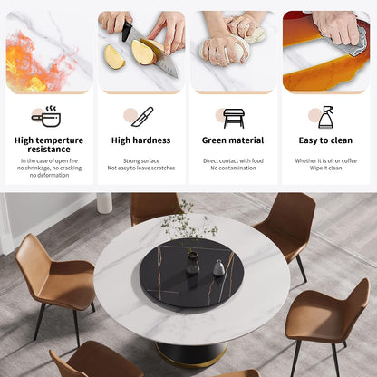 Montary 59” Modern Round Dining Table for 8, Artificial Marble Kitchen Table with Carrara White Sintered Stone Tabletop & Black Gold Lazy Susan, Black Slim Waist Carbon Steel Base