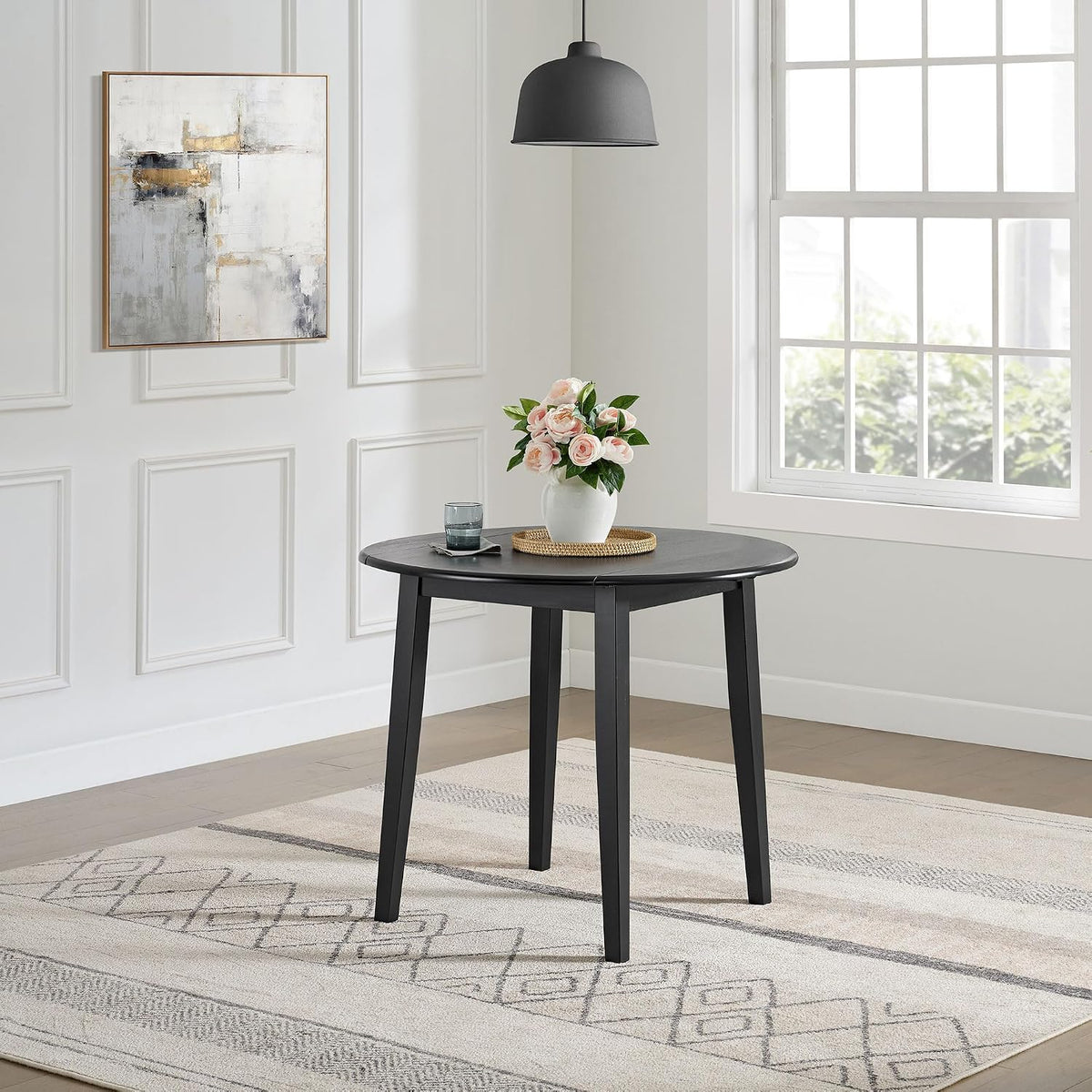 ROME + OAK Hinged Drop Leaf Dining Table, 22-36 Inch Round Tabletop with Sturdy Base, Black - Modern Solid Wooden Furniture Piece for Home