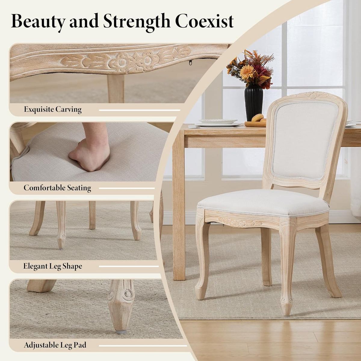 Kmax French Dining Chairs Set of 4, Farbric Upholstered Dining Chairs with Elegant Curved Legs High Back Armless Kitchen Chairs Side Chairs for Dining Room Restaurant - Linen, Beige/Brushed Legs