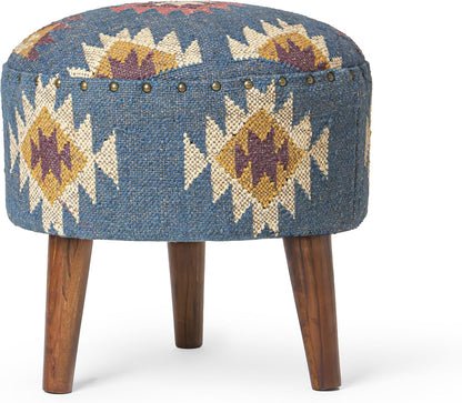 Handmade Kilim Jute Pouf Ottoman Stool | Round Upholstered Seating with Acacia Wood Base | Decorative Foot Rest for Living Room, Bedroom, Hallway, Office & Lounge (Grey)