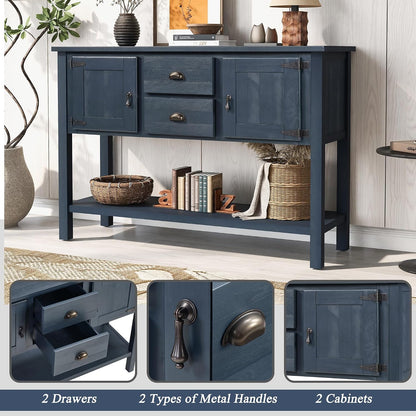 LKTART Farmhouse Sideboard Buffet Cabinet,Solid Wood Sideboard with Storage Drawers and Bottom Shelf, Buffet Cabinet Coffee Bar for Entryway Hallway Foyer,Easy Assembled (46.5" Navy Blue)