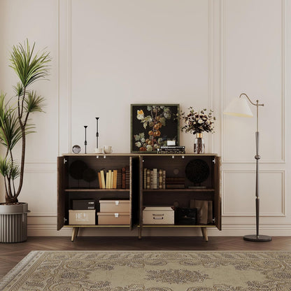 Sideboard Buffet Cabinet with Raised Shaped & Geometric Line Texture Door Panel, Accent Storage Cabinet for Living Room (Cabinet Body- Oak, 4 Door-15 D x 61" W x 34.5" H)