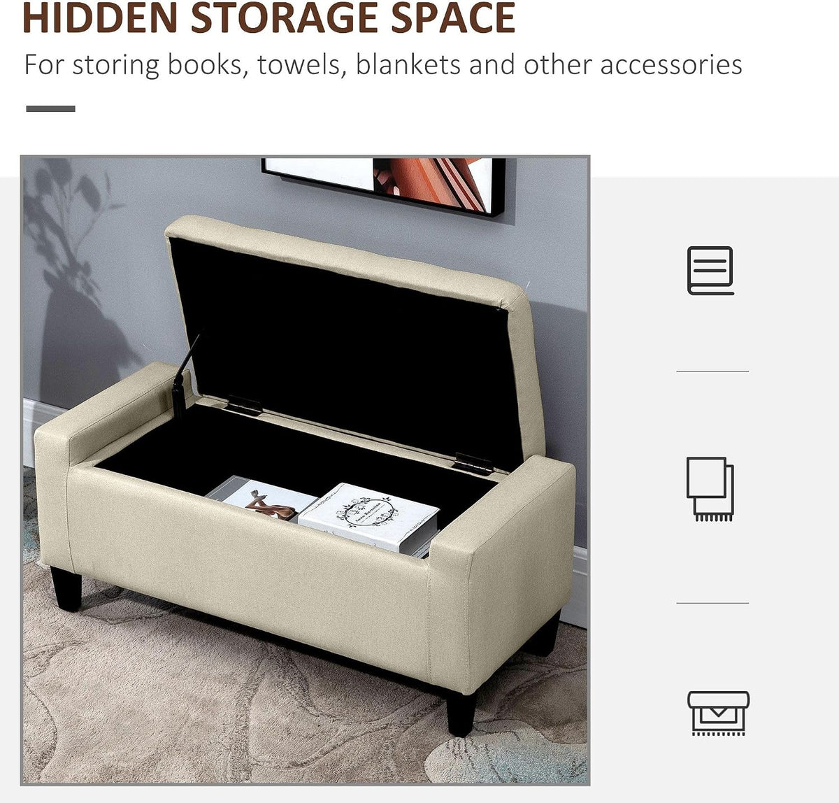 Contemporary Linen Tufted Storage Ottoman Bench Lift Top Beige Trendy Design Premium Fabric Durable Structure Spacious Storage