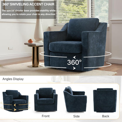 Swivel Accent Chairs Set of 2, Chenille Upholstered Armchair for Living Room, Modern Armrest Chair Comfy Single Sofa Bedroom Reading Seat with Lumbar Pillow - Navy