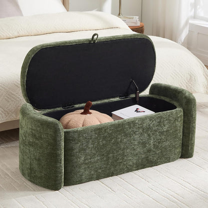 Oval Ottoman Bench with 20 Gal of Storage Space Upholstered Chenille Seat End of Bed Storage Bench Storage Ottoman with Storage for Bedroom, Living Room, Entryway, Window(Green)