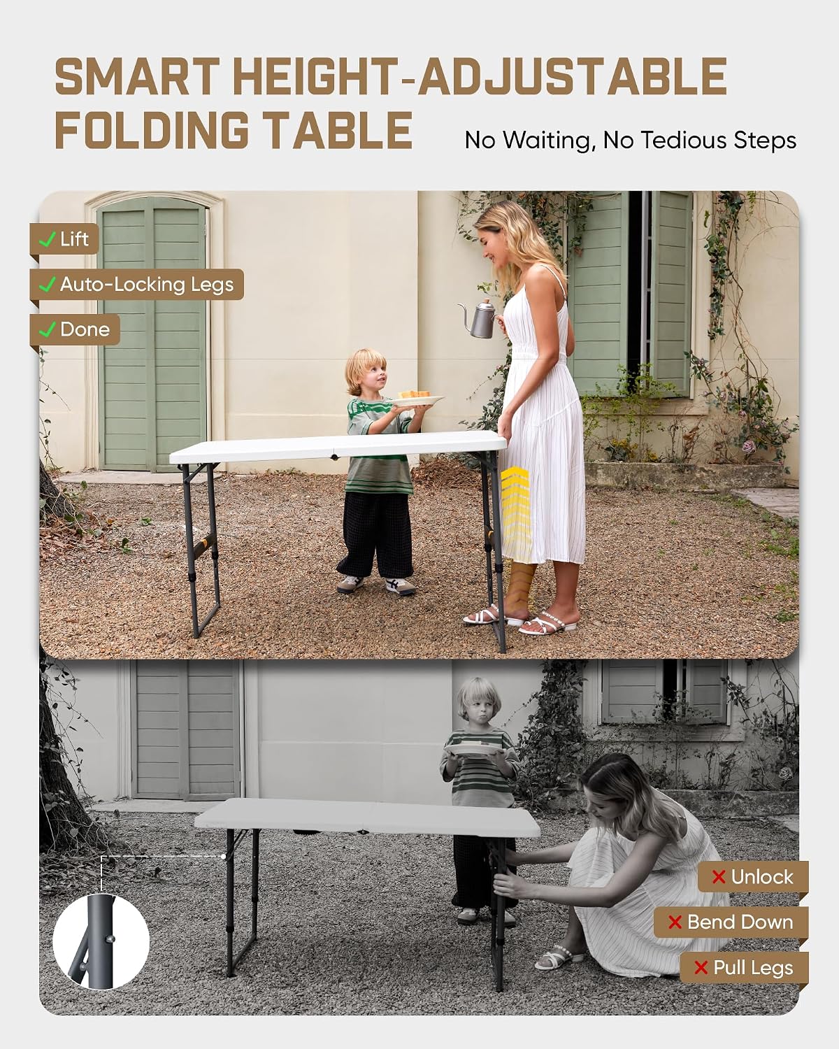 FanttikOutdoor Folding Table 4 Foot Quick Adjust Portable Plastic 4 Heights | Effortless Adjustable Height Small Card Table, Fixing Lock, Indoor Outdoor Use for Party Camping, 2-Pack White Zeta X4 Pro