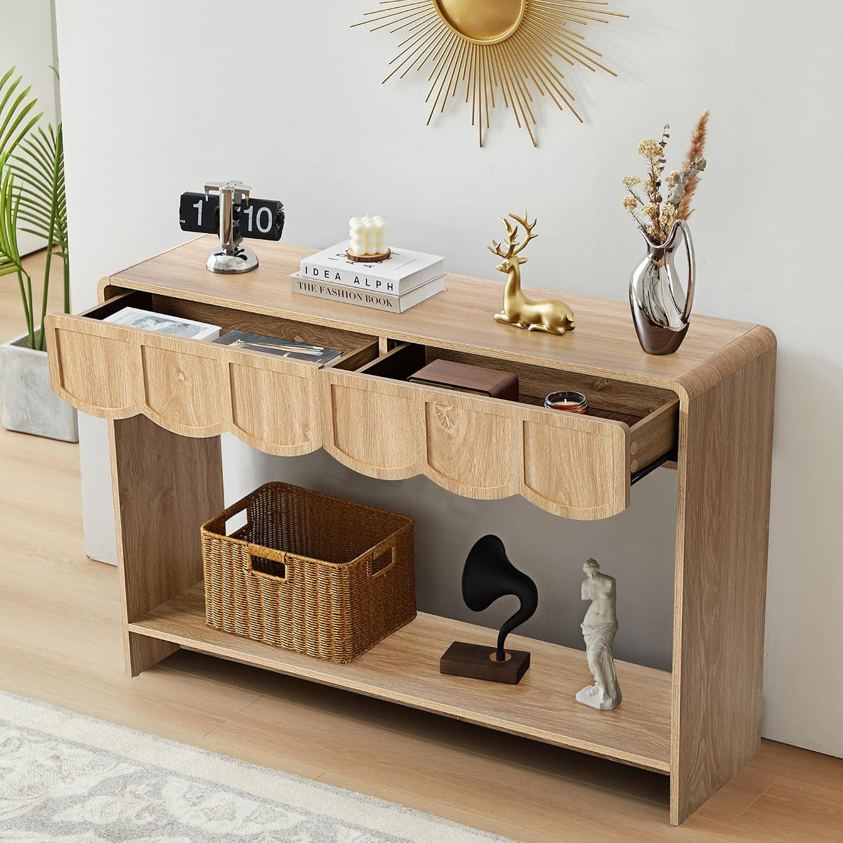 ORRD Console Table with Drawers, Mid-Century 43 Inches Narrow Entryway Table with Open Storage Shelves, Hallway Accent Tables Behind Couch Tables for Living Room - Natural