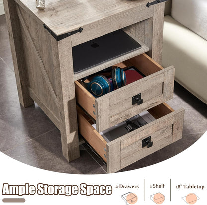 T4TREAM Farmhouse Nightstand Set of 2, Rustic End Table with 2 Drawers, Charging Station, Storage Open Shelf for Bedroom, Living Room, Wood Side Table, Light Rustic Oak