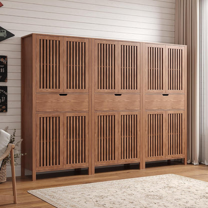 BVIUNTWO Set of 3 Farmhouse Tall Storage Cabinets, Wooden Kitchen Pantry Cupboards with Slatted Doors, Drawer & Adjustable Shelves for Kitchen, Dining & Living Room Storage, 68.8 Inch, Brown