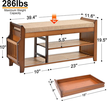 PETKABOO Shoe Bench with Hidden Drawer and Side Holder, 2 Tier Entryway Bench with Storage 39.4 in, Bamboo Shoe Rack with Cushion for Entryway Hallway Living Room Bedroom