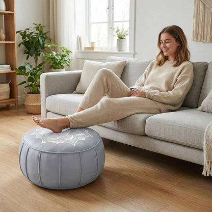Round Pouf Cover, Premium Leather Ottoman Cover 19in / 48cm, Unstuffed Floor Pouf with Handcrafted Embroidery, Boho Footrest for Living Room, Meditation Cushion, Home Decor (Grey)