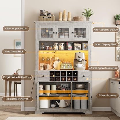 GAOMON 69" Pantry Cabinet with LED Light & Charging Station, Kitchen Pantry Storage Cabinet with Drawer & Adjustable Shelves, Coffee Bar Table for Kitchen Room, Living Room, Dining Room, Grey