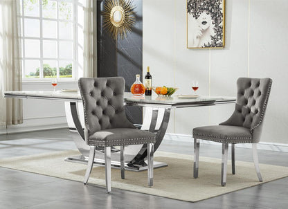 9-Piece Modern Dining Table Set with 8 Chairs, 94.5" Large Marble Kitchen Table & Grey Upholstered Chairs Set for 8, White Dining Room Table Set with Silver Stainless Steel Frame & Faux Mable Top