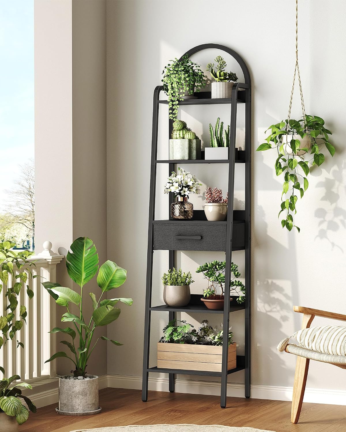 CHOEZON 5 Tier Ladder Shelf with Drawer, Tall Ladder Bookshelf, Standing Bookcase with Metal Frame for Living Room, Bathroom, Home Office, Study, Balcony, Black TCJ07BB