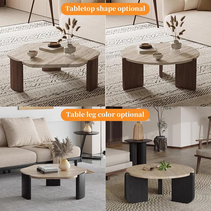 FORRTY Coffee Table,Sofa Table,End Tables, Slate Stone+Solid Wood, Sturdy And Durable,Waterproof And Scratch-resistant,Easy To Install,Suitable For Living Room,Bedroom, Study，balcony Other Spaces(Roun