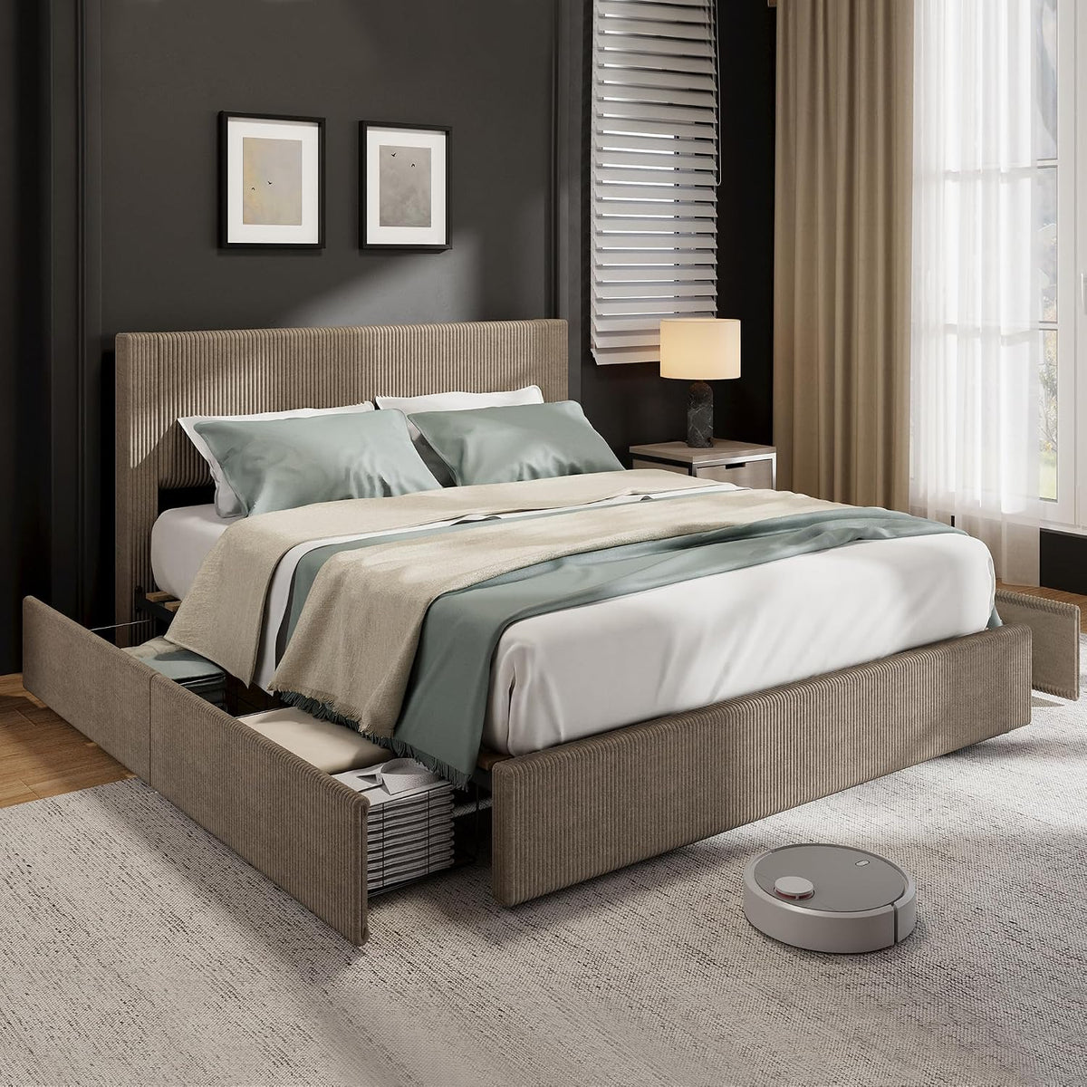 Garvee Corduroy Bed Frame with Headboard, Platform Upholstered Queen Bed Frame with 4 Storage Drawers and Wooden Slats Support, No Box Spring Needed, Brown