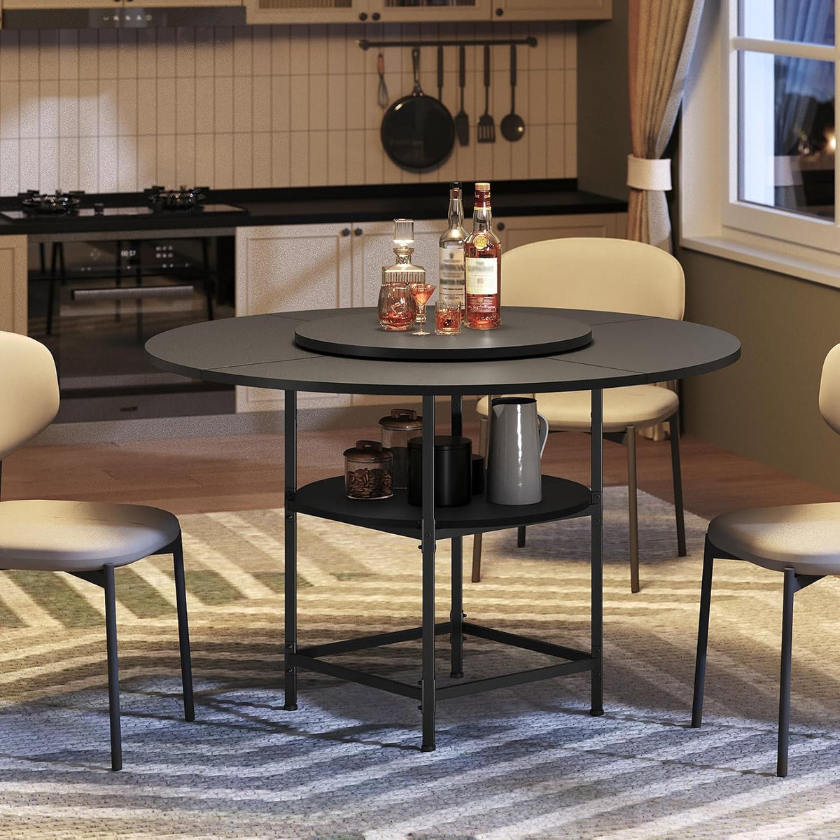 MAHANCRIS Round Dining Table for 4, Dinner Table with Storage Shelf, 47.2'' Dining Room Table, Circle Tables, Farmhouse Wood Kitchen Tables for Dining Room Living Room, Black DTBK12001