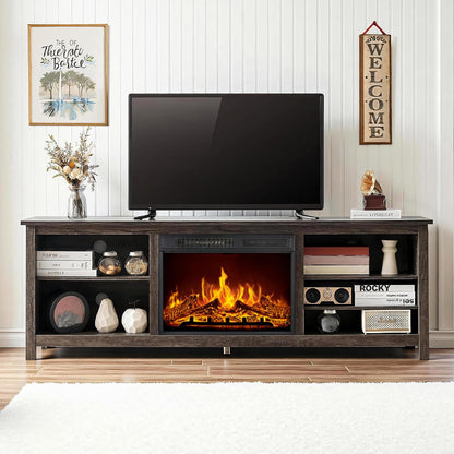 AMERLIFE 70" Fireplace TV Stand with 23" Electric Fireplace for 80" TVs | Rustic Grey, Wood Texture Finish, Farmhouse Style, Entertainment Stand, Media TV Console, Storage Cabinet, Living Room