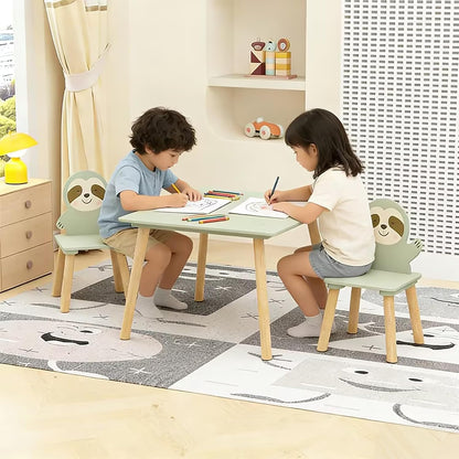Kids Table and Chair Set with 2 Sloth Chairs 23.6" x 23.6" x 17.3" Solid Wood Table & Chairs in Sage Green & Natural Wood